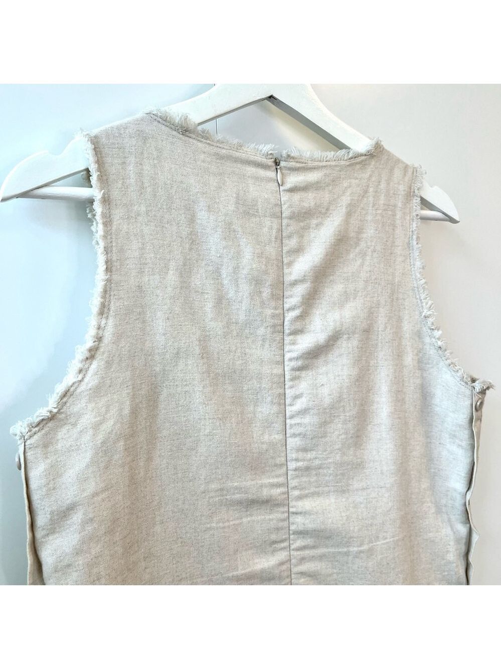 Lost in Lunar Linen Cotton Shift Dress Fringe Trim, Beige Oatmeal Sleeveless, S - Picture 10 of 16